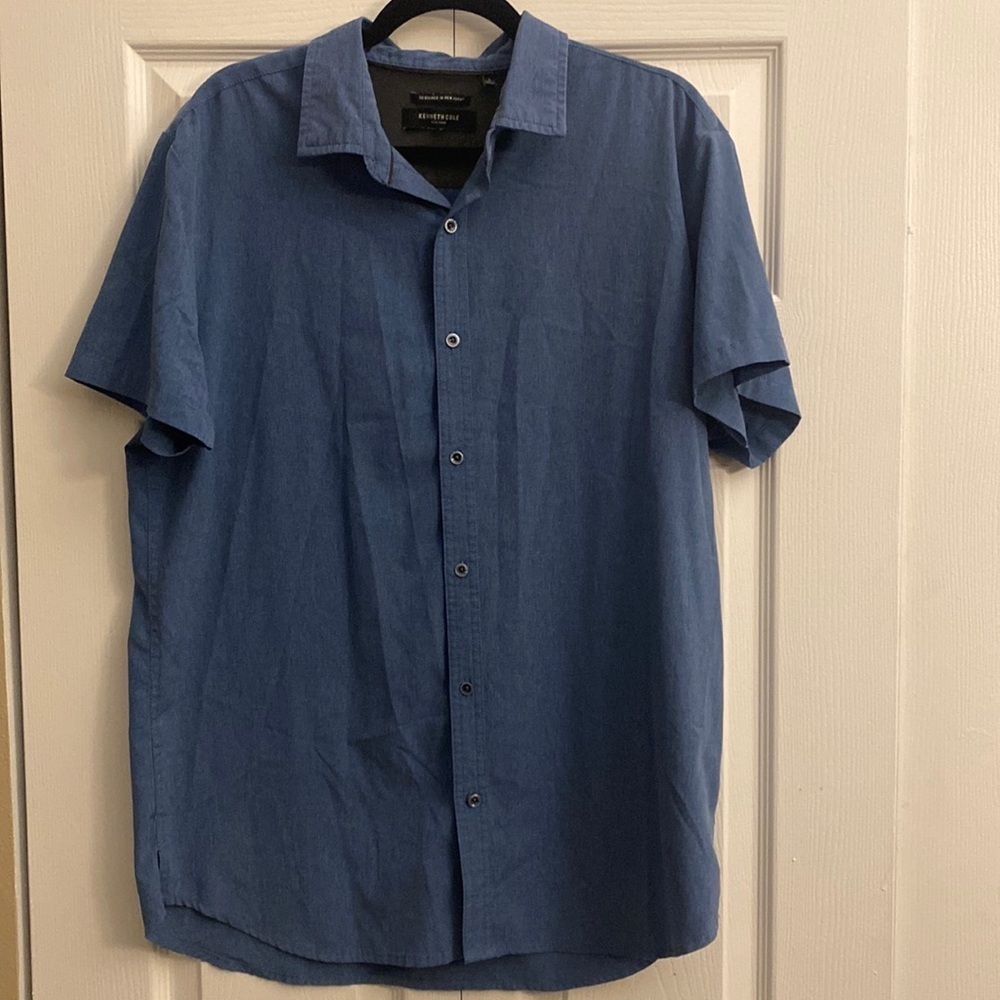 Kenneth Cole New York Button Down Shirt Mens Size L Blue Casual Short‎ Sleeve